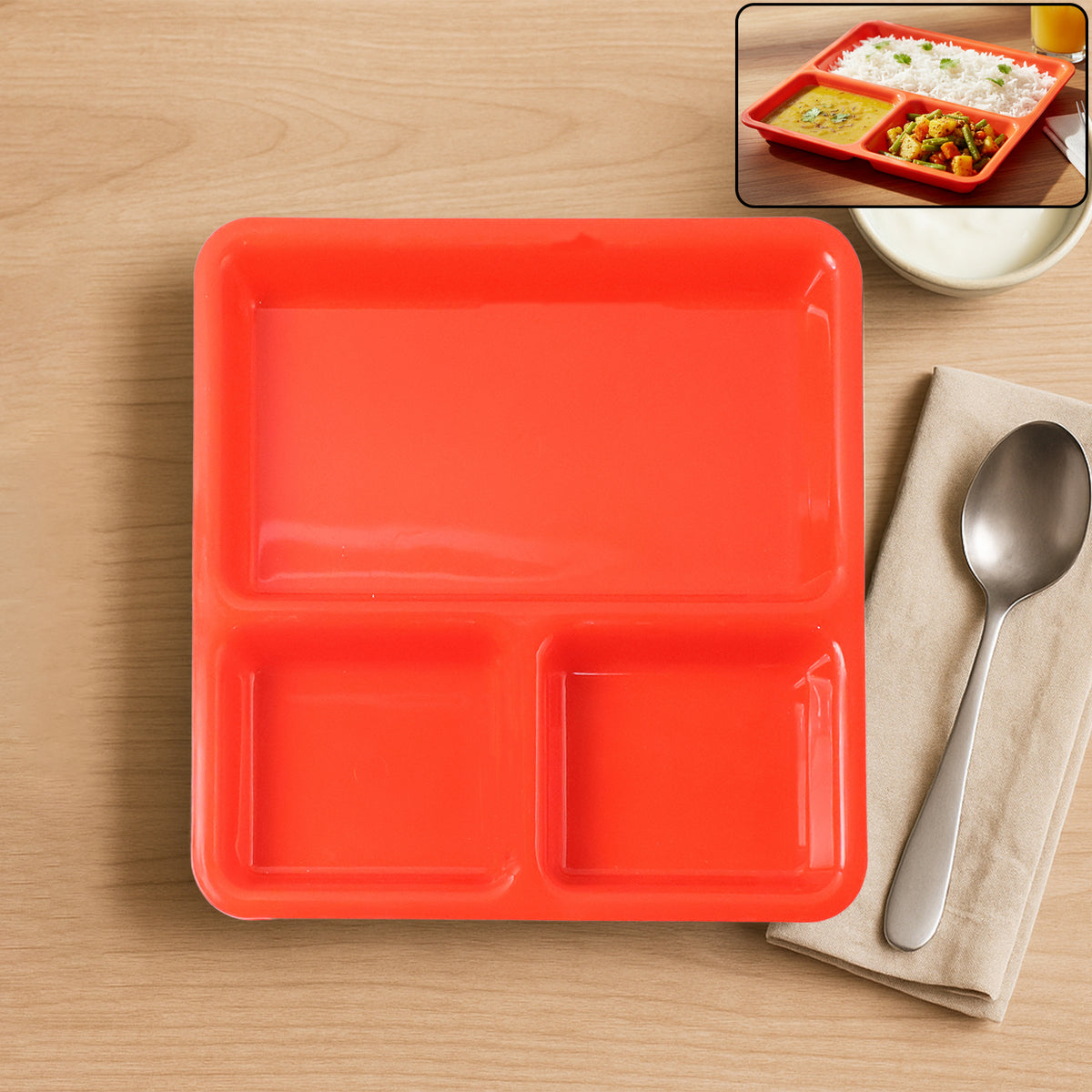 Plastic 3-compartment Rectangular Meal Serving Tray Plates (1 Pc)