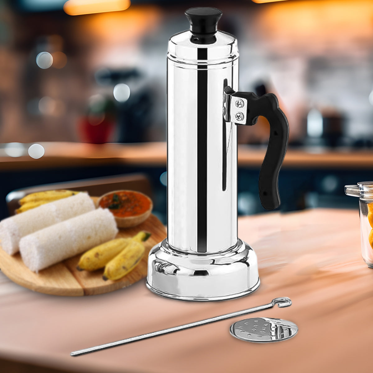 5311 Puttu Maker With Steamer Plate Metal Stick Black Plastic Handle Silver Lid Puttu Maker Set To Use With Pressure Cooker Top Food Grade Stainless Steel