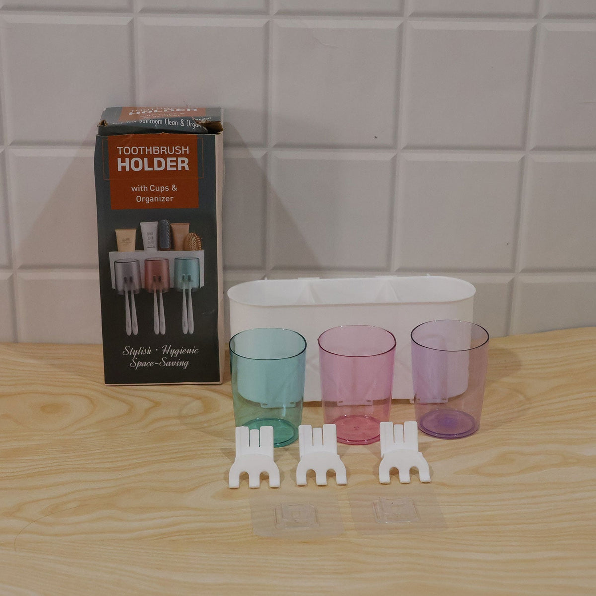 Wall Mounted Toothbrush Holder With 3 Cups And Bathroom Storage (1 Set)