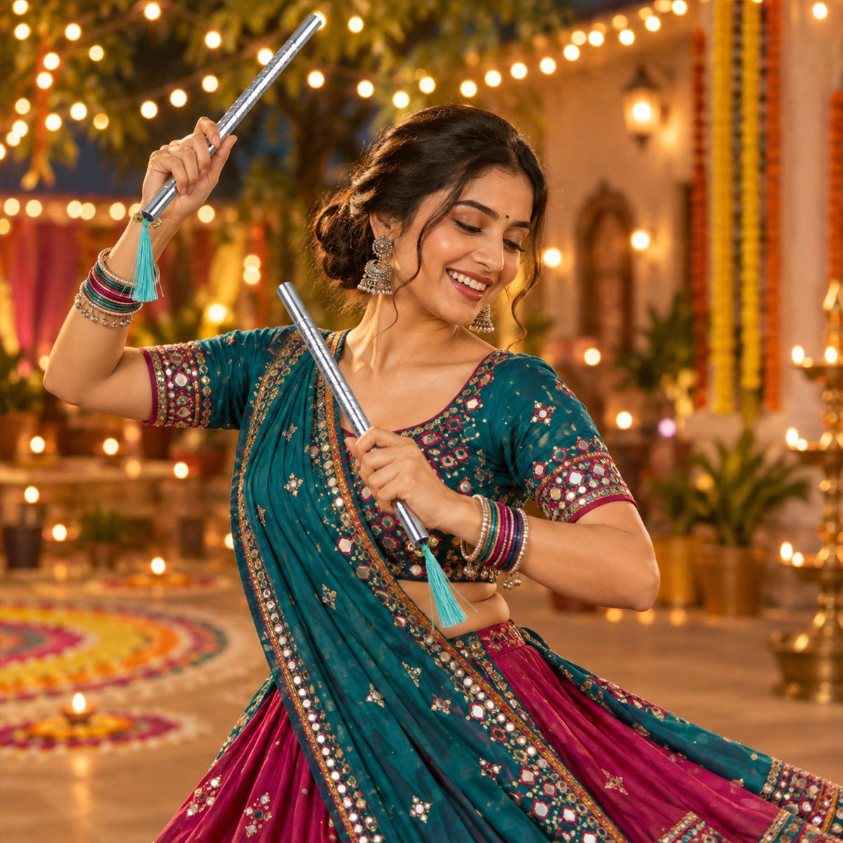 Small Steel Dandiya Stick Pair With Ribbed Grip Tassels And Bell Accents