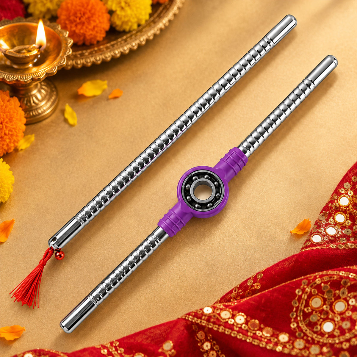 Steel Dandiya Stick Pair With Bearing Center Textured Grip And Tassel