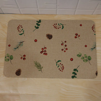 Botanical Berry Print Bath Mat Linen Look Anti-slip Floor Rug (1 Pc 57x38 Cm)