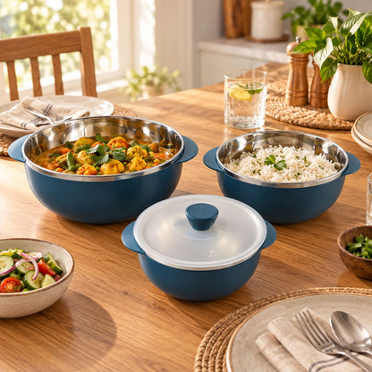 Apex Hot And Serve Serving Bowl Set With Lids Steel Inner Casserole (3 Pc Set)