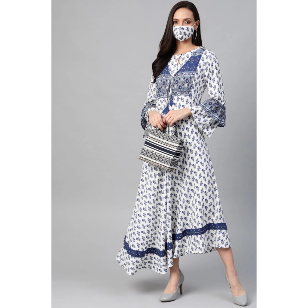 Women's Casual Bell Sleeve Floral Printed Rayon Dress (White &amp; Blue)