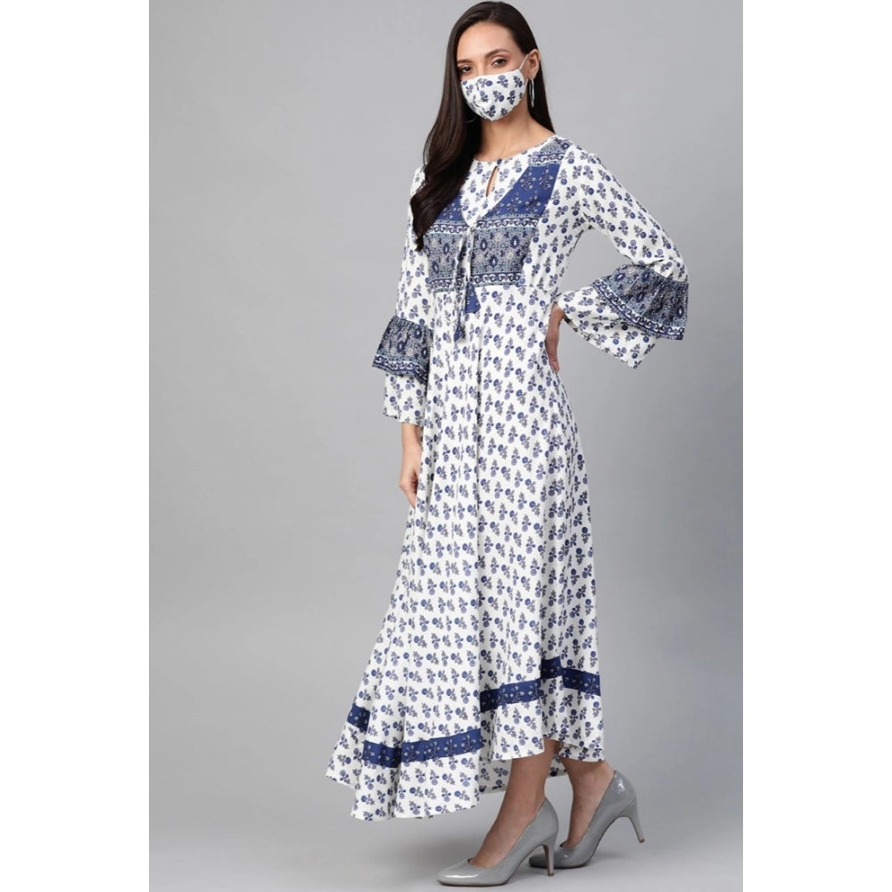 Women's Casual Bell Sleeve Floral Printed Rayon Dress (White &amp; Blue)