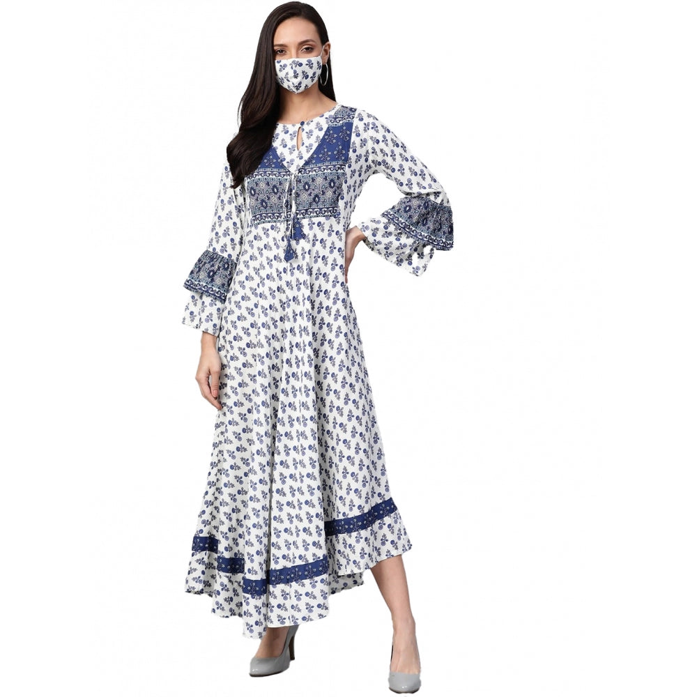Women's Casual Bell Sleeve Floral Printed Rayon Dress (White &amp; Blue)