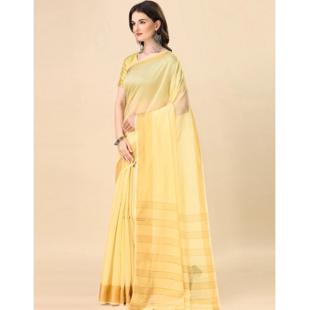 Women's Cotton Silk Striped Saree With Unstitched Blouse 5.5Mtr (Yellow)