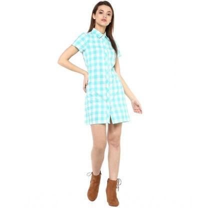 Women's Rayon Checkered Short Sleeve Above Knee Dress (SkuBlue - White)