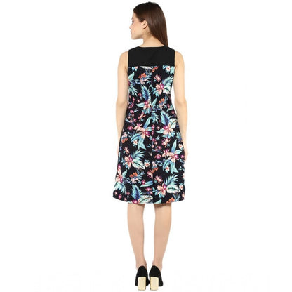 Women's Polyester Printed Sleeveless Above Knee Dress (Black - Multicolor)