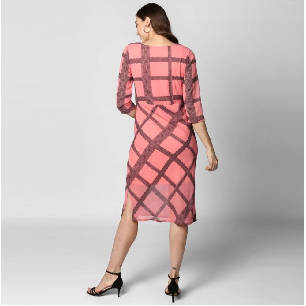 Women's Polyester Checkered 3-4th Sleeves Below Knee Dress (Pink - Black)