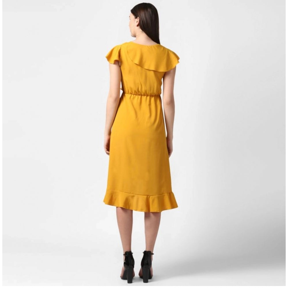 Women's Polyester Ruffled Cap Sleeve Knee-Length Dress (Yellow)