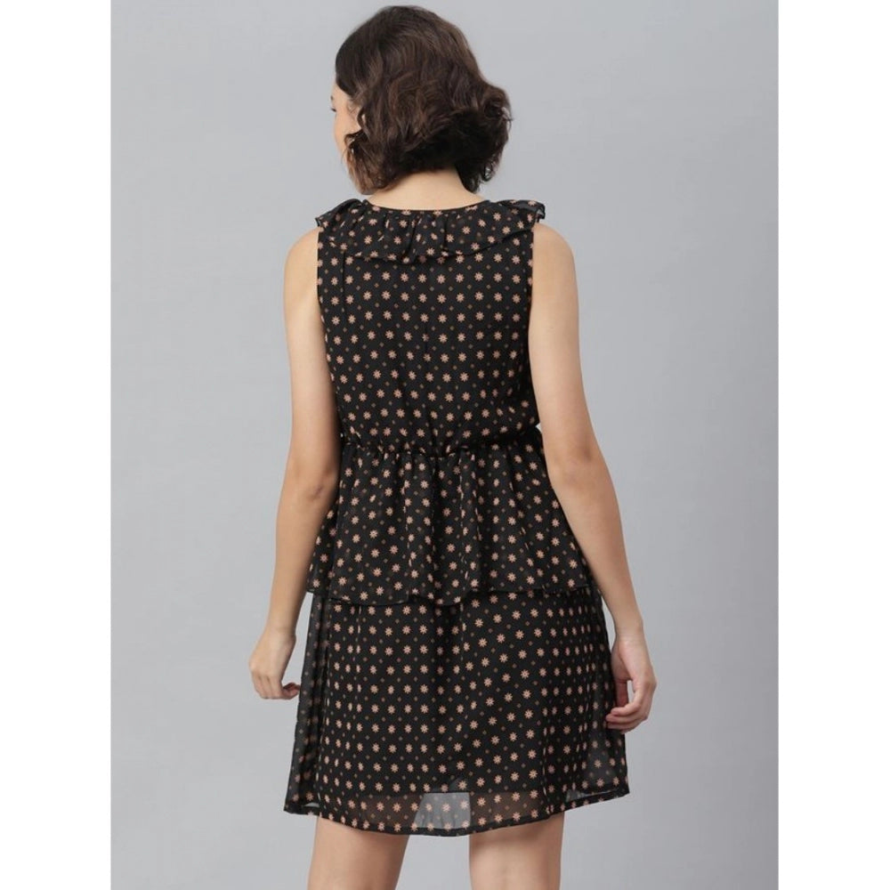 Women's Polyester Peplum Sleeveless Above Knee Dress (Black)