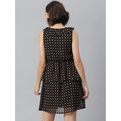 Women's Polyester Peplum Sleeveless Above Knee Dress (Black)