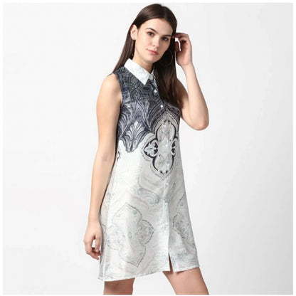 Women's Polyester Printed Sleeveless Above Knee Dress (Blue)