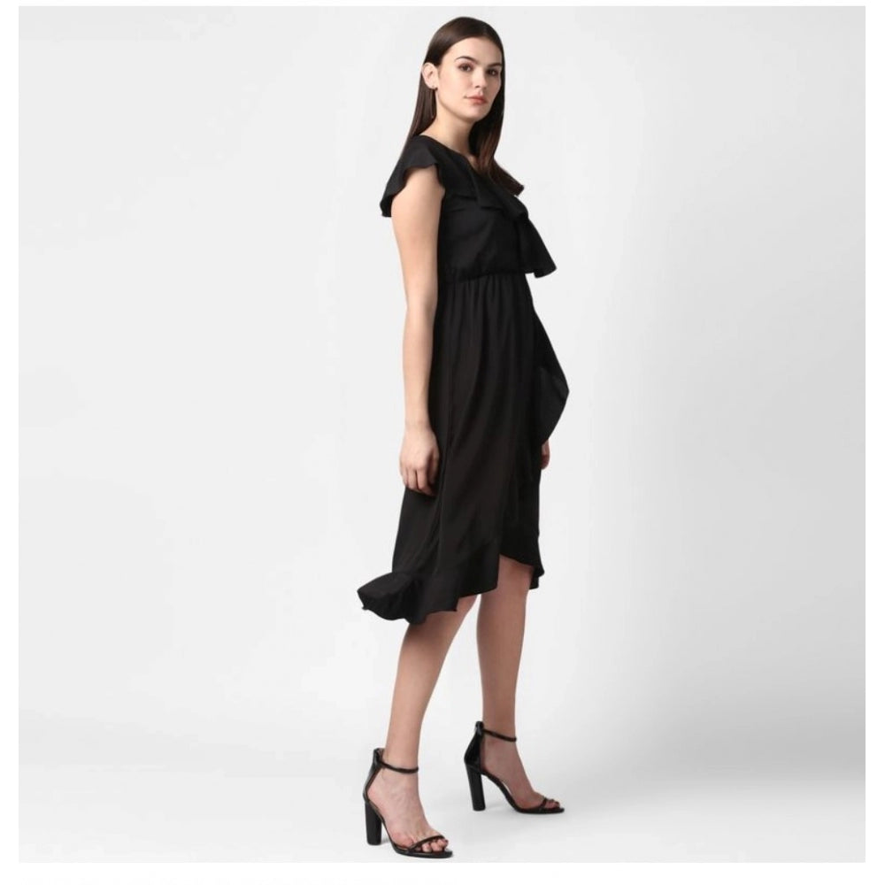 Women's Polyester Ruffled Cap Sleeve Knee-Length Dress (Black)