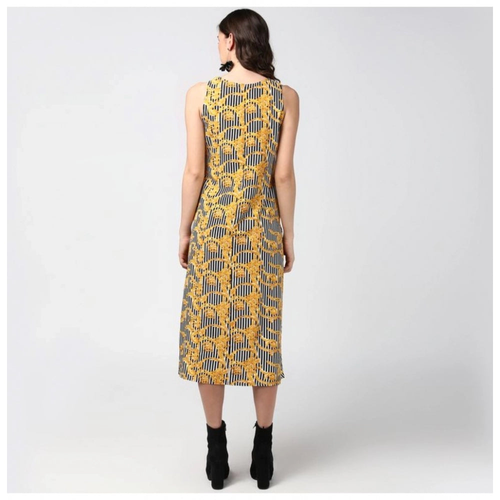 Women's Polyester Chain Print Sleeveless Below Knee Dress (Yellow - Black)