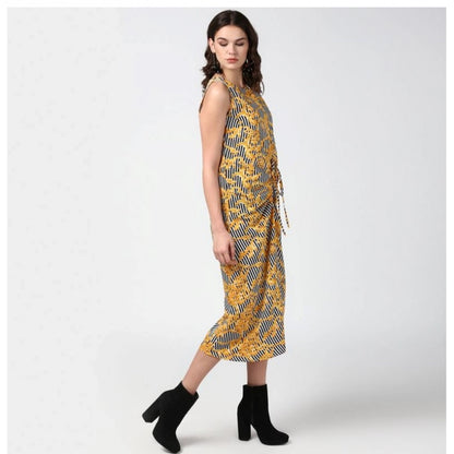 Women's Polyester Chain Print Sleeveless Below Knee Dress (Yellow - Black)