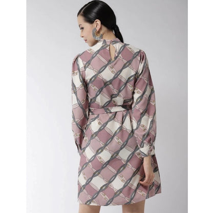 Women's Polyester Checkered Long Sleeves Above Knee Dress (Off White - Lavender)