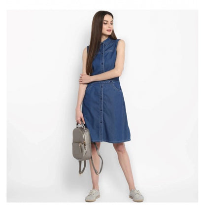 Women's Denim Solid Sleeveless Above Knee Dress (Blue)