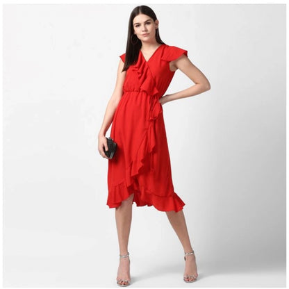 Women's Polyester Ruffled Cap Sleeve Knee-Length Dress (Red)