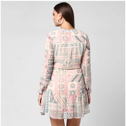 Women's Polyester Printed Long Sleeves Above Knee Dress (Light Pink - Off White)