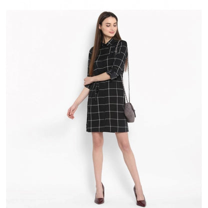 Women's Polyester Checkered Roll Up Sleeve Above Knee Dress (Black - White)