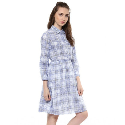 Women's Cotton Checkered Roll Up Sleeve Above Knee Dress (Blue)