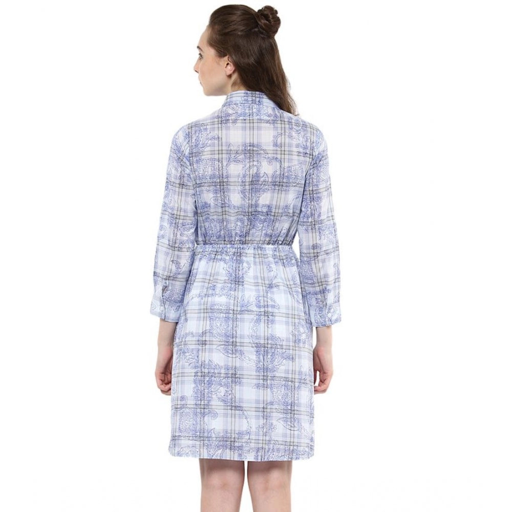 Women's Cotton Checkered Roll Up Sleeve Above Knee Dress (Blue)