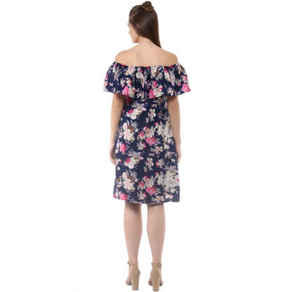 Women's Polyester Crepe Floral Half Sleeve Above Knee Dress (Navy Blue)