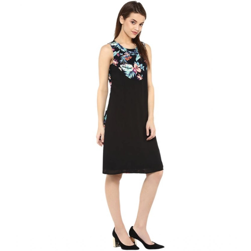 Women's Polyester Printed Sleeveless Above Knee Dress (Black - Multicolor)