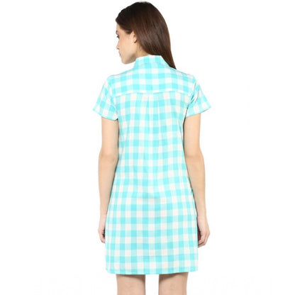 Women's Rayon Checkered Short Sleeve Above Knee Dress (SkuBlue - White)