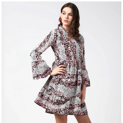 Women's Polyester Animal Print Bell Sleeve Above Knee Dress (Pink - Black)