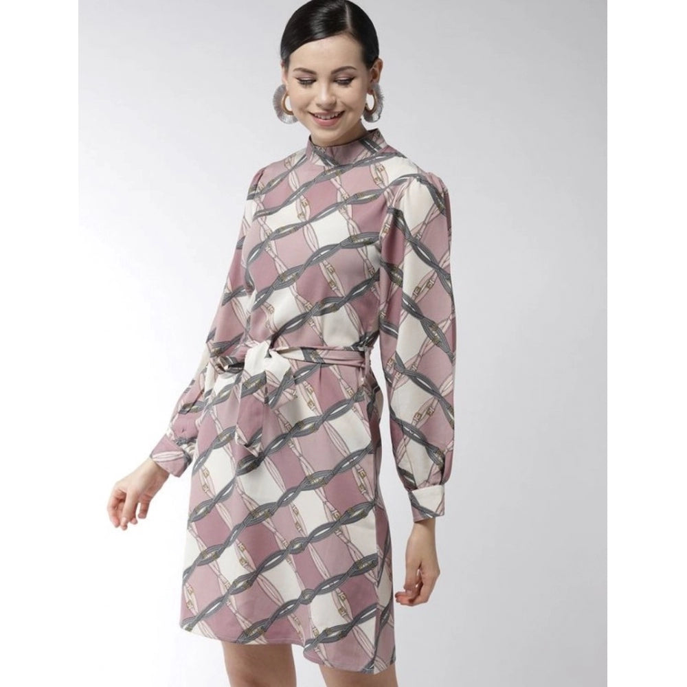 Women's Polyester Checkered Long Sleeves Above Knee Dress (Off White - Lavender)
