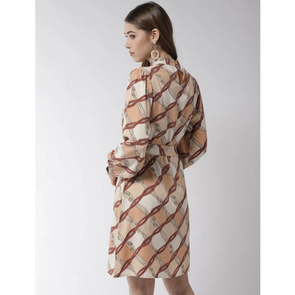 Women's Polyester Checkered Long Sleeves Above Knee Dress (Off White - Brown)