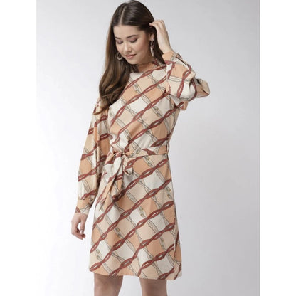 Women's Polyester Checkered Long Sleeves Above Knee Dress (Off White - Brown)