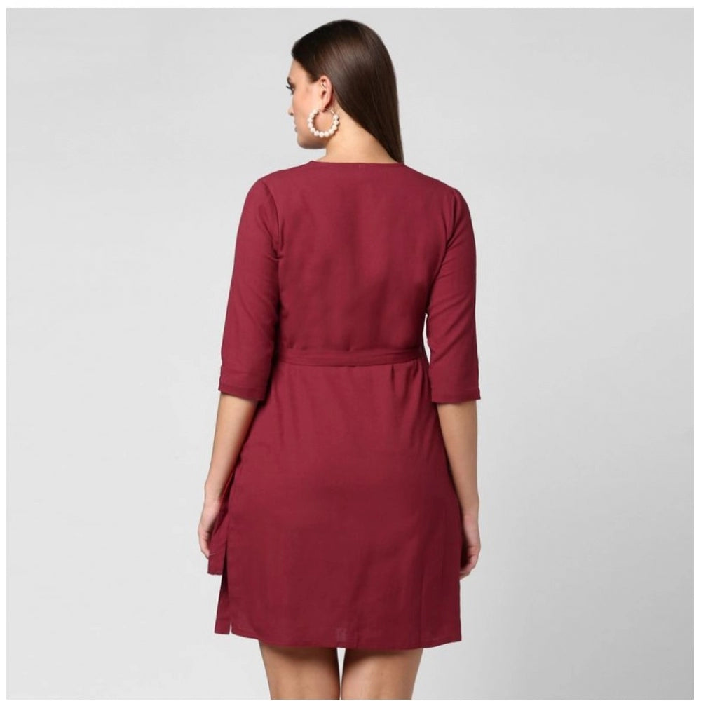Women's Cotton Solid 3-4th Sleeves Above Knee Dress (Maroon)