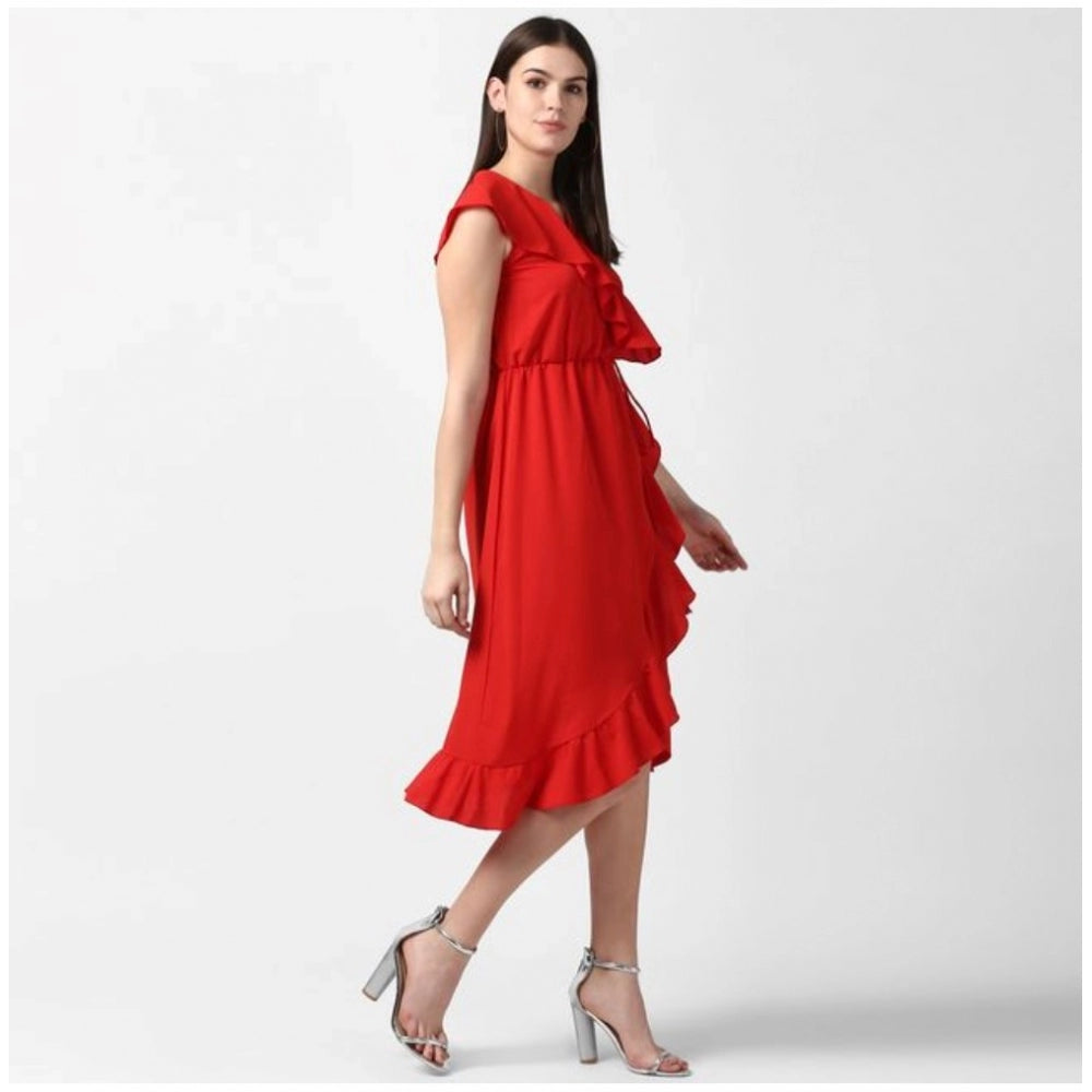Women's Polyester Ruffled Cap Sleeve Knee-Length Dress (Red)