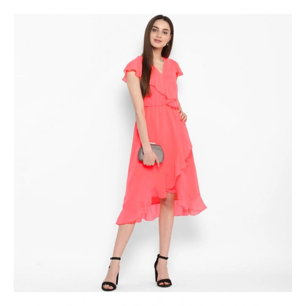 Women's Polyester Ruffled Cap Sleeve Below Knee Dress (Coral Pink)