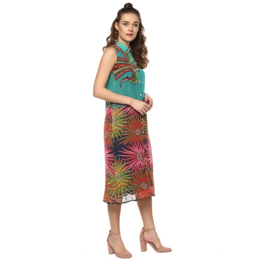 Women's Polyester Floral Sleeveless Below Knee Dress (Multicolor)