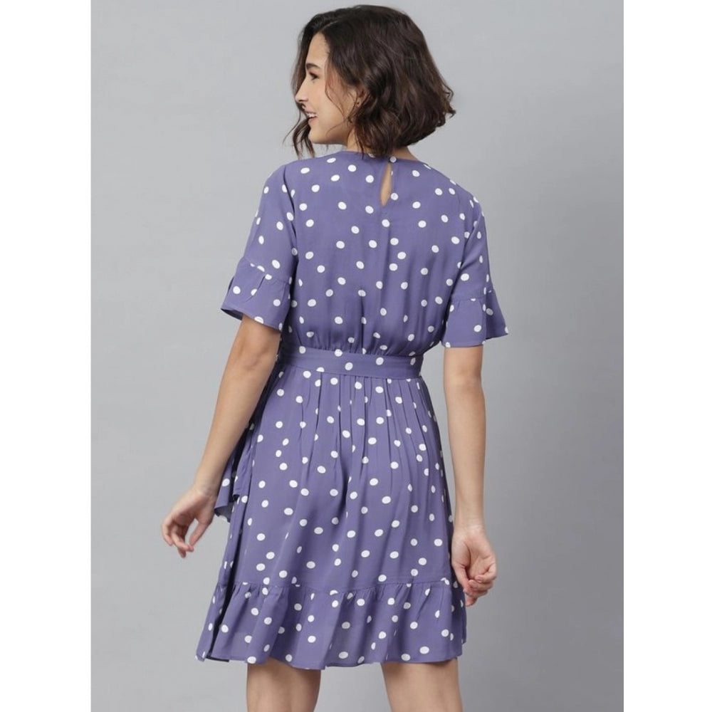 Women's Polyester Polka Bell Sleeve Above Knee Dress (Lavender)