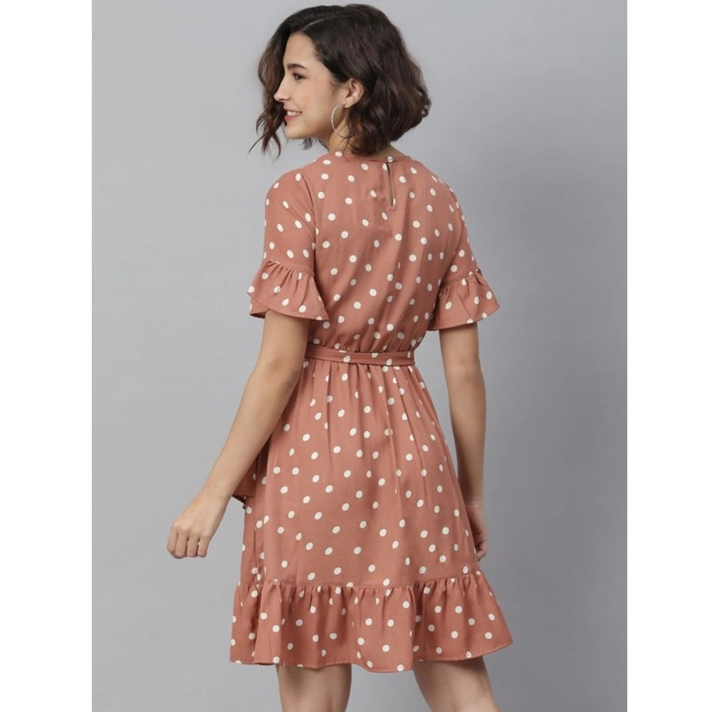 Women's Polyester Polka Bell Sleeve Above Knee Dress (Brown)