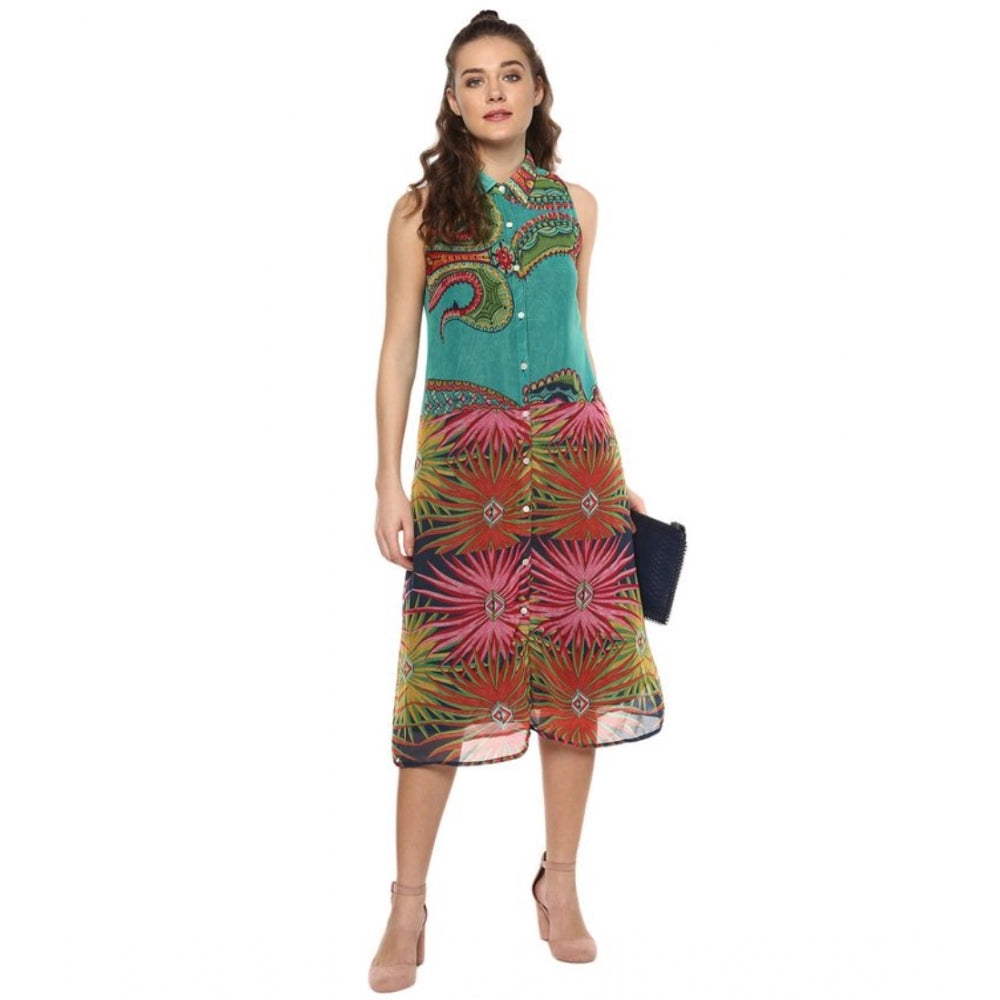 Women's Polyester Floral Sleeveless Below Knee Dress (Multicolor)