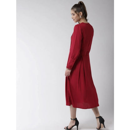 Women's Polyester Pintuck Long Sleeves Below Knee Dress (Red)