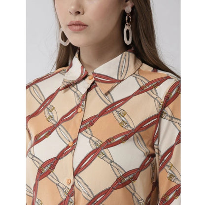Women's Polyester Printed Roll Up Sleeve Above Knee Dress (Off White - Brown)