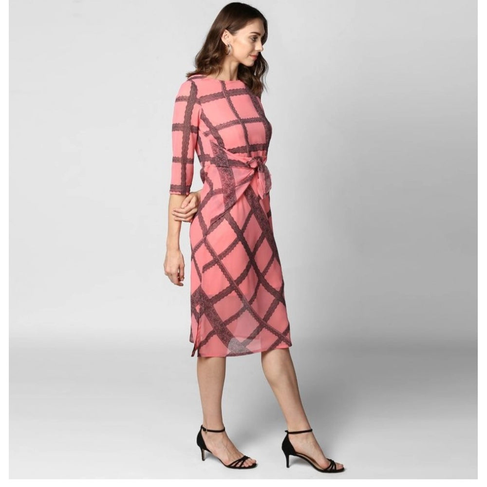 Women's Polyester Checkered 3-4th Sleeves Below Knee Dress (Pink - Black)