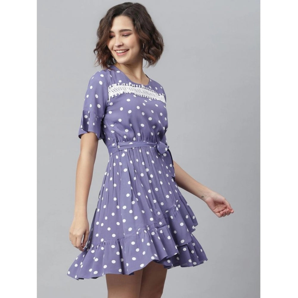 Women's Polyester Polka Bell Sleeve Above Knee Dress (Lavender)