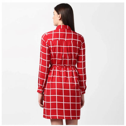 Women's Polyester Checkered Long Sleeves Above Knee Dress (Red)