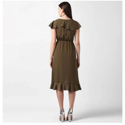 Women's Polyester Ruffled Cap Sleeve Knee-Length Dress (Olive)