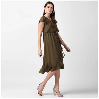 Women's Polyester Ruffled Cap Sleeve Knee-Length Dress (Olive)
