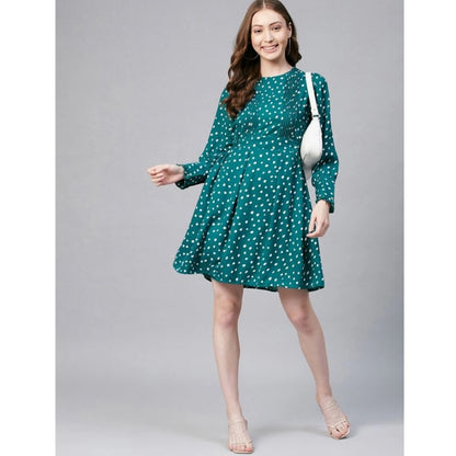Women's Polyester Polka Long Sleeves Above Knee Dress (Green - White)